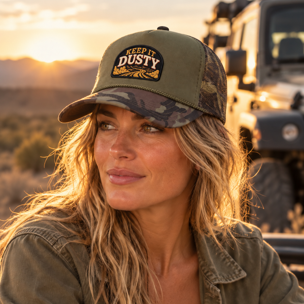 Keep It Dusty Dark Olive Camo Trucker Hat