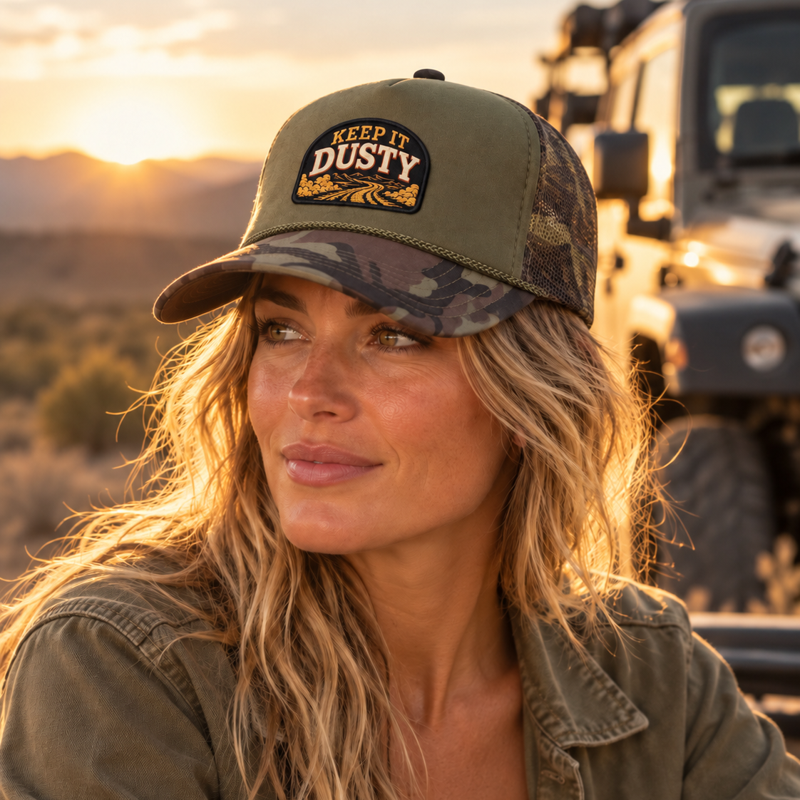 Keep It Dusty Dark Olive Camo Trucker Hat