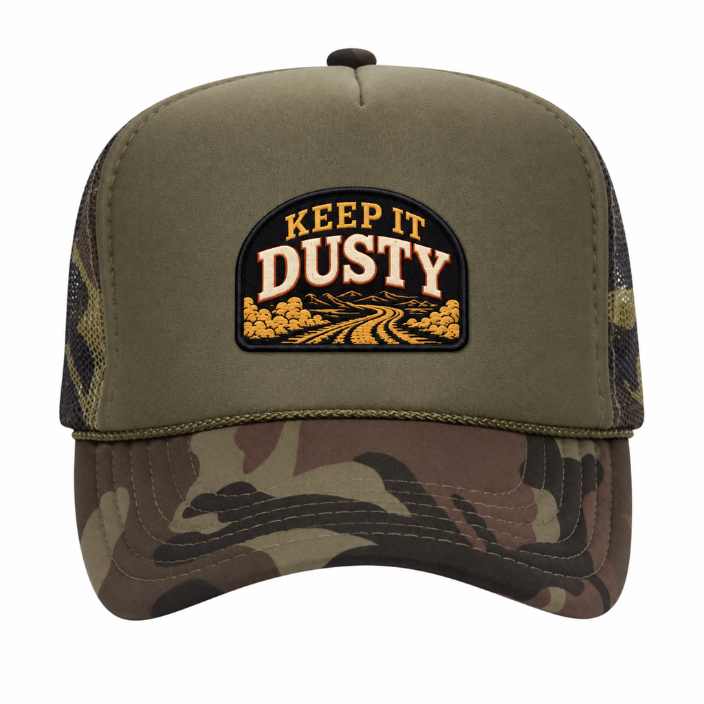Keep It Dusty Dark Olive Camo Trucker Hat