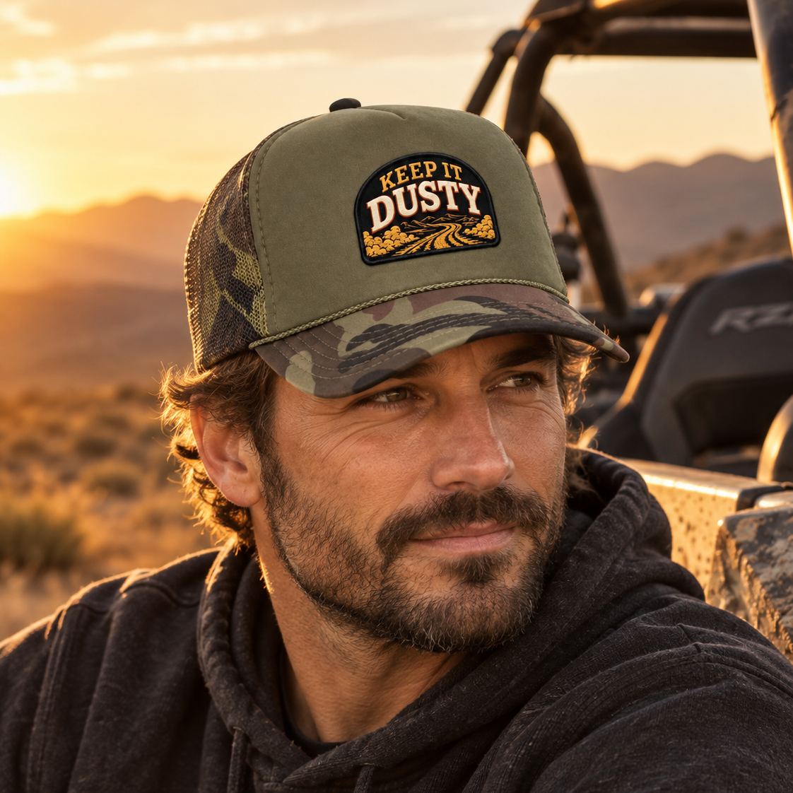 Keep It Dusty Dark Olive Camo Trucker Hat